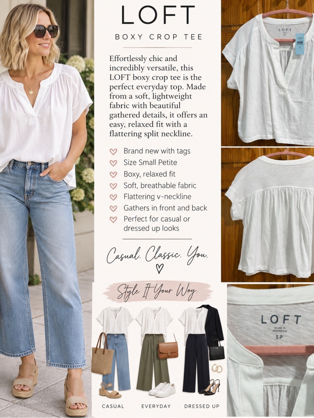 LOFT White Boxy Crop Tee - Women's Relaxed V-Neck Top